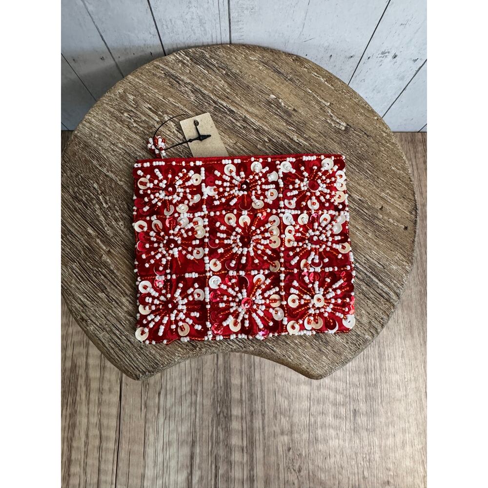 Coin Purse Red Sparkly beaded Sequin Coin Purse Wallet Red White Accessory